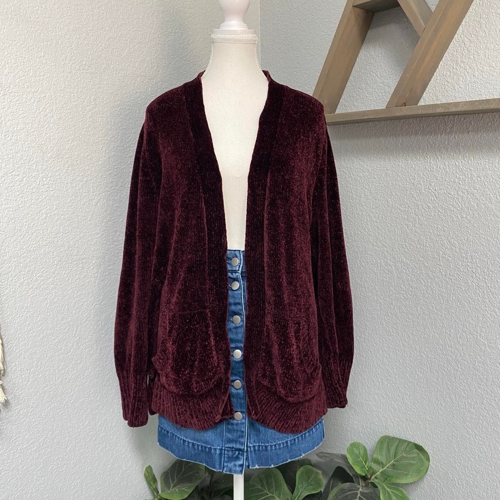 MUDD BURGUNDY CHENILLE OPEN FRONT SOFT CARDIGAN DARK COTTAGECORE GRUNGE ALT